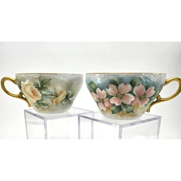 Hand-Painted Floral Porcelain Tea Cups With Gold Handles Vintage Set Of 2 jj3703 - Picture 6 of 12